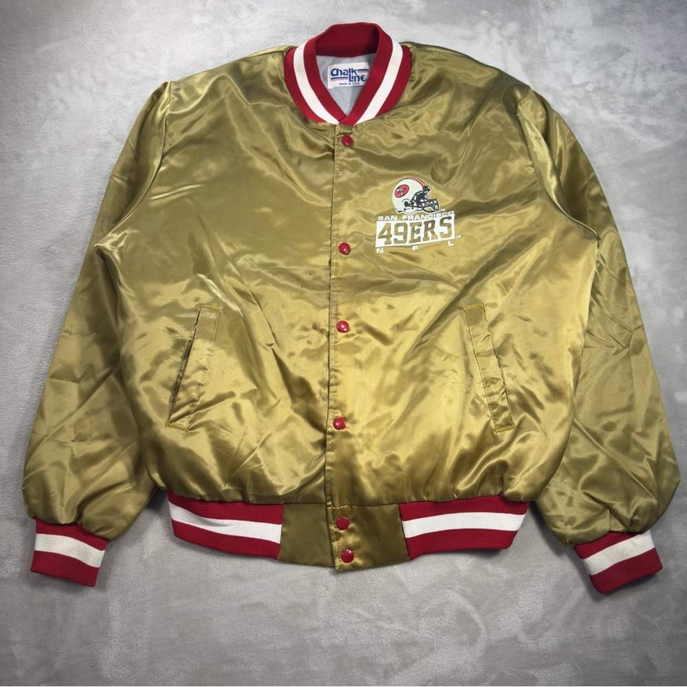 Vintage San Francisco 49ers NFL Chalk Line Gold Satin Bomber Jacket USA Made